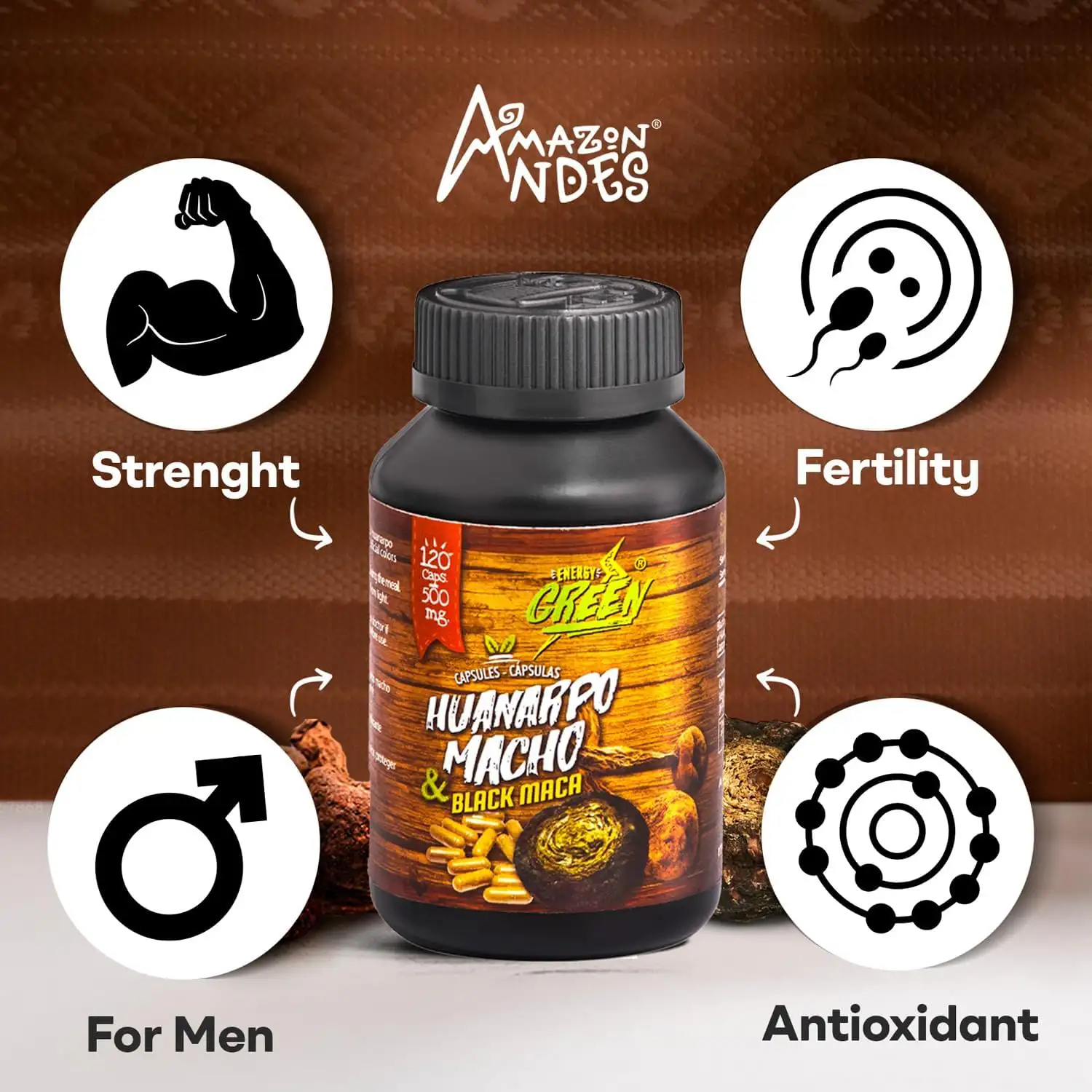 Black Maca Root and Huanarpo Macho Capsules l 100% Natural Energizer and Booster l Immune Support for Men (1500mg per Serving) l Male Health supplenent l Amazon Andes - Imagen 3