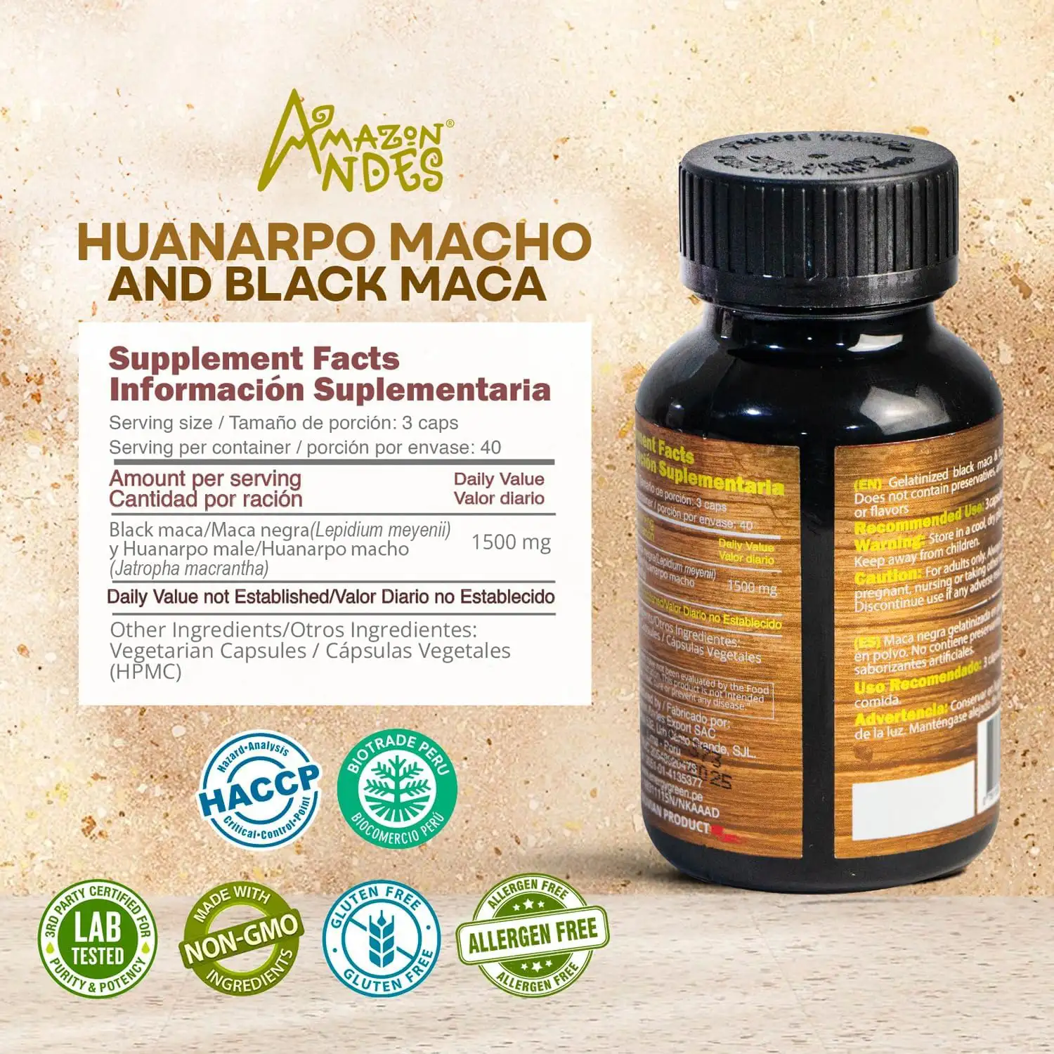 Black Maca Root and Huanarpo Macho Capsules l 100% Natural Energizer and Booster l Immune Support for Men (1500mg per Serving) l Male Health supplenent l Amazon Andes - Imagen 2