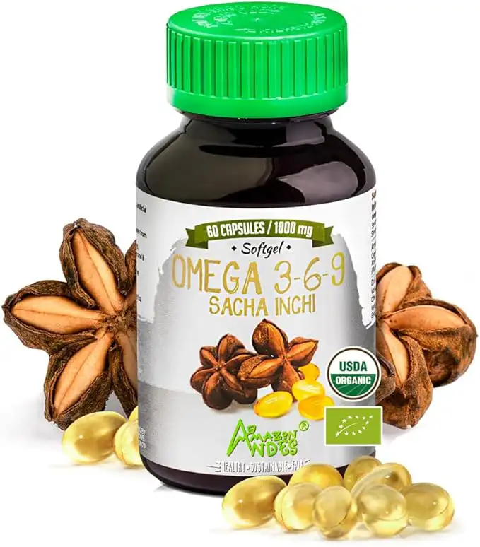 Sacha Inchi Capsules l Rich Source of Omega 3, 6 and 9 l Essential Fatty Acids l Odorless 60 x 1000mg Softgel Pills l Organic Certified l Sustainably sourced l Amazon Andes