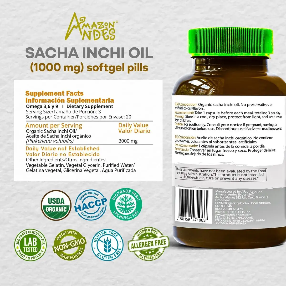 Sacha Inchi Capsules l Rich Source of Omega 3, 6 and 9 l Essential Fatty Acids l Odorless 60 x 1000mg Softgel Pills l Organic Certified l Sustainably sourced l Amazon Andes - Imagen 2