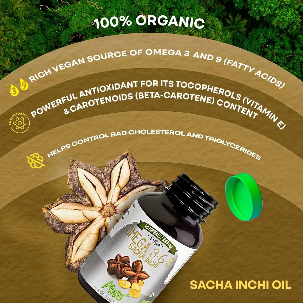 Sacha Inchi Capsules l Rich Source of Omega 3, 6 and 9 l Essential Fatty Acids l Odorless 60 x 1000mg Softgel Pills l Organic Certified l Sustainably sourced l Amazon Andes - Imagen 3